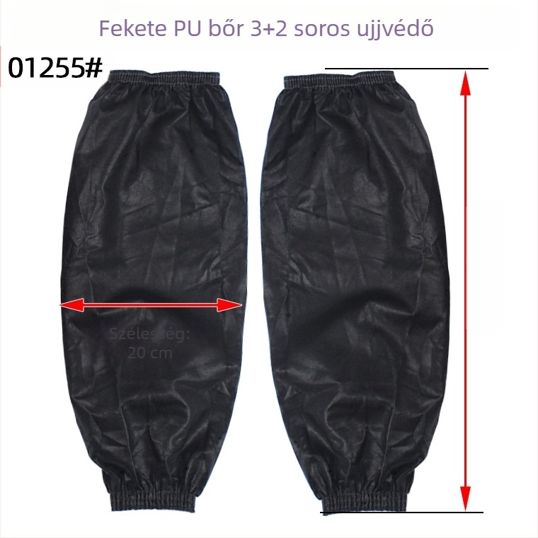 Vízálló PU bőr ujjvédő, 39×19 cm, fekete, széles nyílású 3+2 varrásvonalakkal, felnőtt méret, olaj- és szennyeződésálló