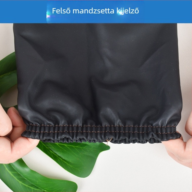 Vízálló PU bőr ujjvédő, 39×19 cm, fekete, széles nyílású 3+2 varrásvonalakkal, felnőtt méret, olaj- és szennyeződésálló