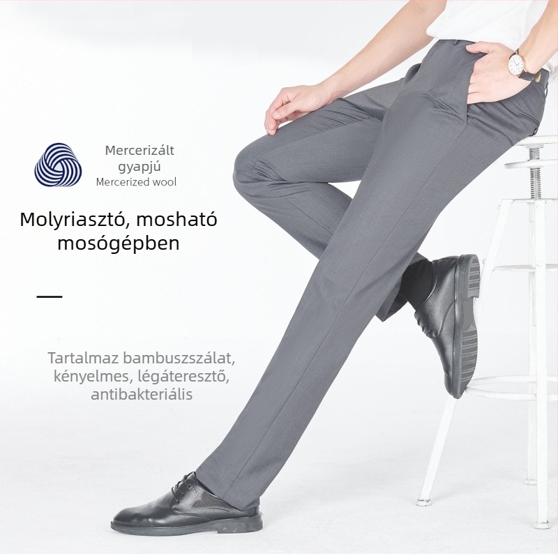 Nyári férfi kosztümnadrág, légáteresztő bambuszrosttal és Mercerizált gyapjúval, egyenes szabás, antibakteriális, több zseb