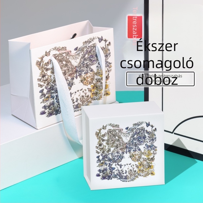 Aranyozott pillangó-virág mintás flip-top ékszerdoboz, 10×10 cm, gyűrűk, nyakláncok és karkötők számára