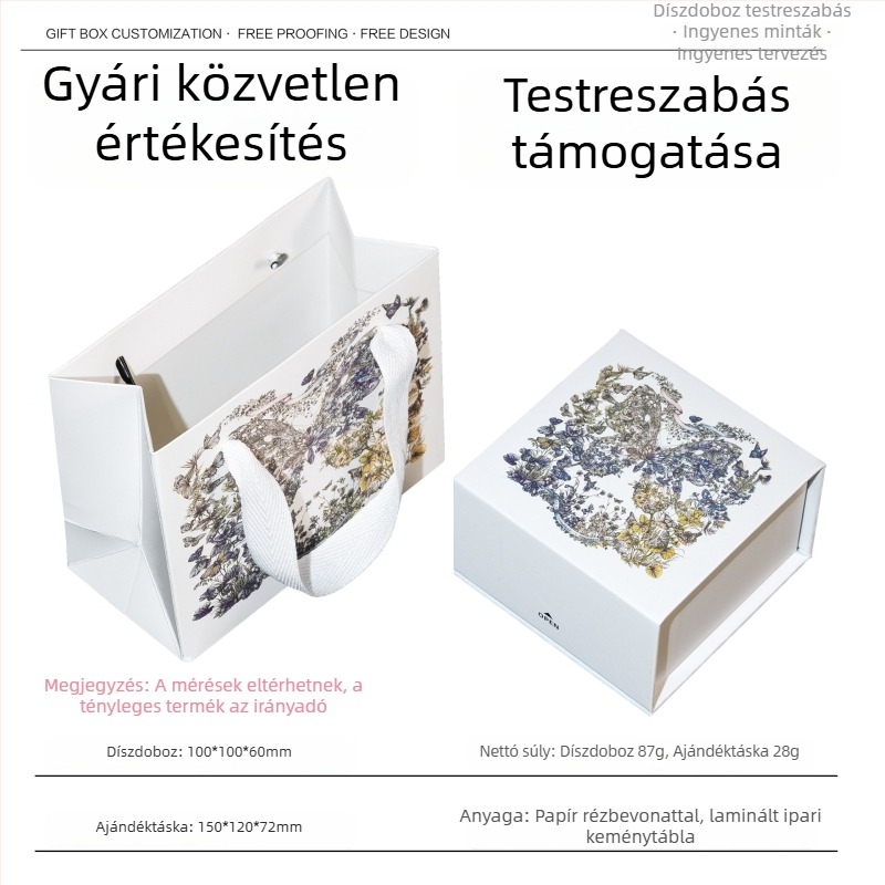 Aranyozott pillangó-virág mintás flip-top ékszerdoboz, 10×10 cm, gyűrűk, nyakláncok és karkötők számára