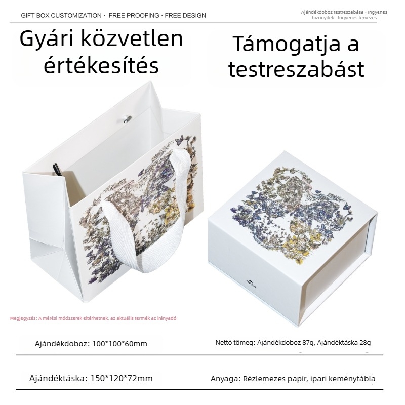 Aranyozott pillangó-virág mintás flip-top ékszerdoboz, 10×10 cm, gyűrűk, nyakláncok és karkötők számára
