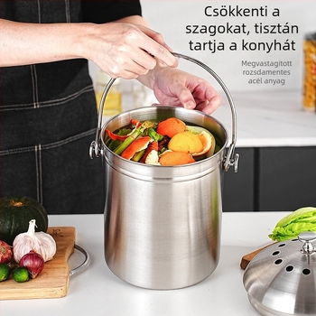 Rozsdamentes acél konyhai hulladéktároló dezodoráló szűrővel, héjak tárolására és kerti komposztálásra