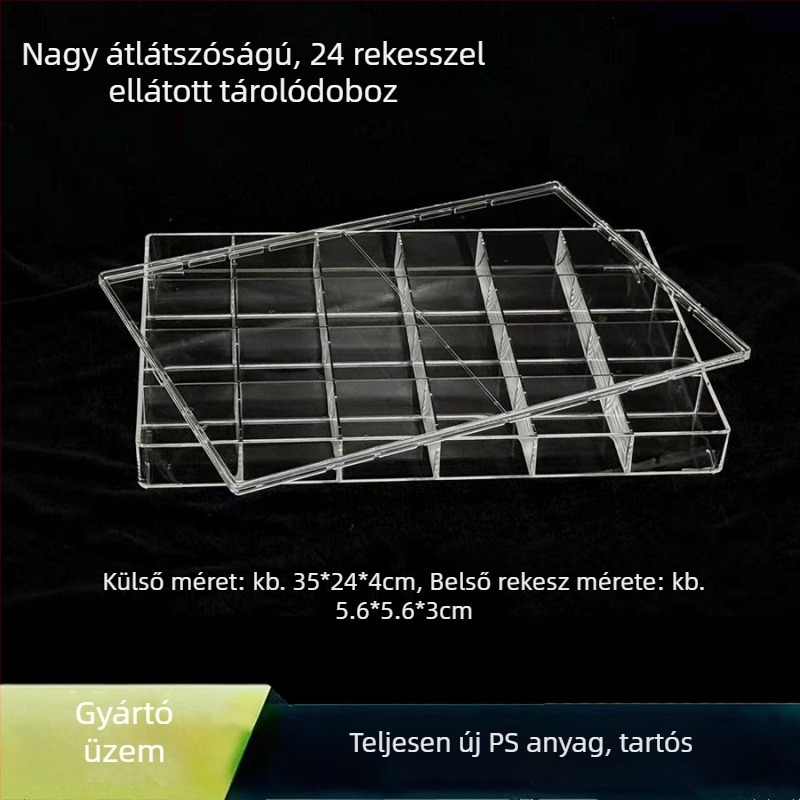 Kiváló minőségű átlátszó akril ékszeres doboz 24 rekesszel és fedővel – gyöngyök, manikűr eszközök és fülbevalók tárolására