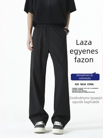 Fekete férfi egyenes szabású nadrág fleece-bevonattal téli viselet, laza szabás, nagy méret