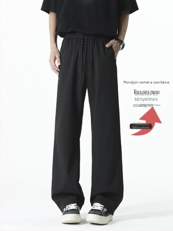 Fekete férfi egyenes szabású nadrág fleece-bevonattal téli viselet, laza szabás, nagy méret