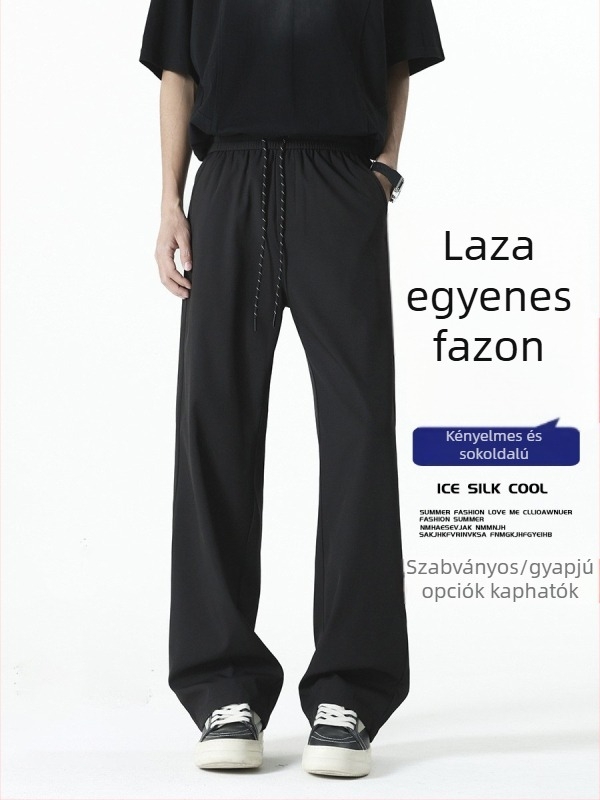 Fekete férfi egyenes szabású nadrág fleece-bevonattal téli viselet, laza szabás, nagy méret