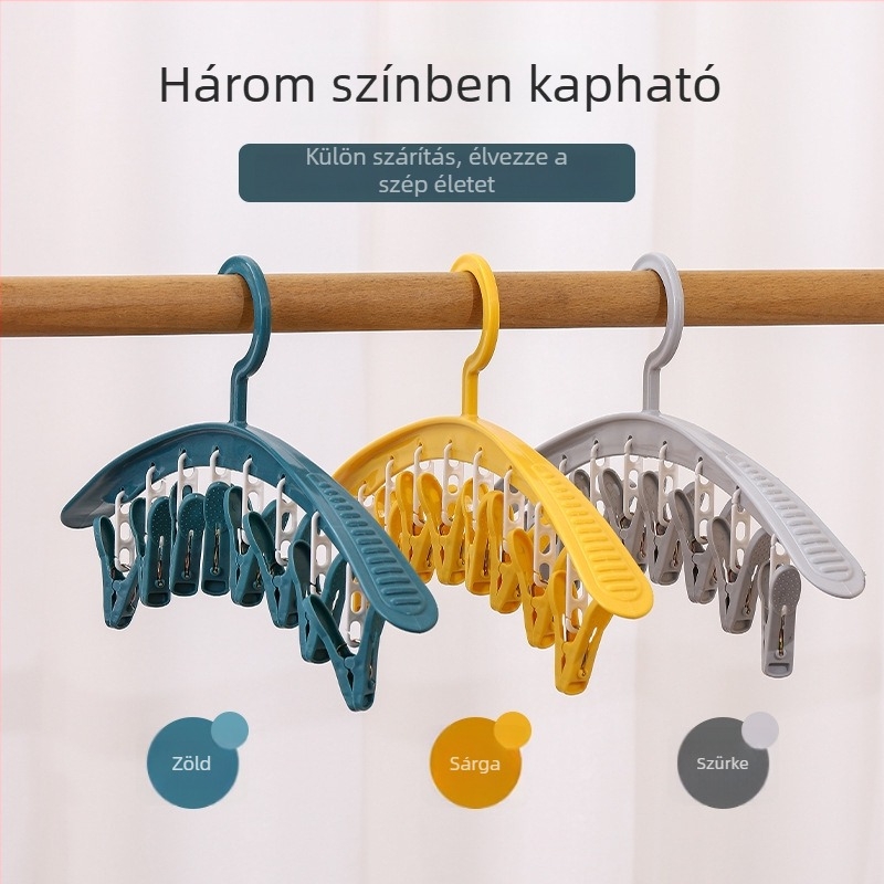 Háztartási ruhaszárító akasztó több zokclipsszel, kollégiumi használatra, nyom nélkül szárít