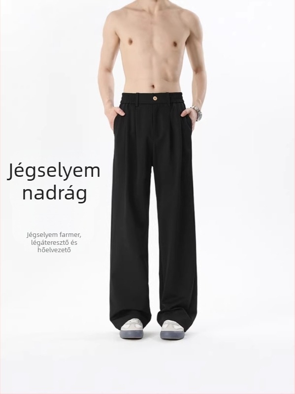 Férfiaknak drapírozott, laza stílusú öltönynadrág, jégselyem anyagból, egyenes szabású, fekete