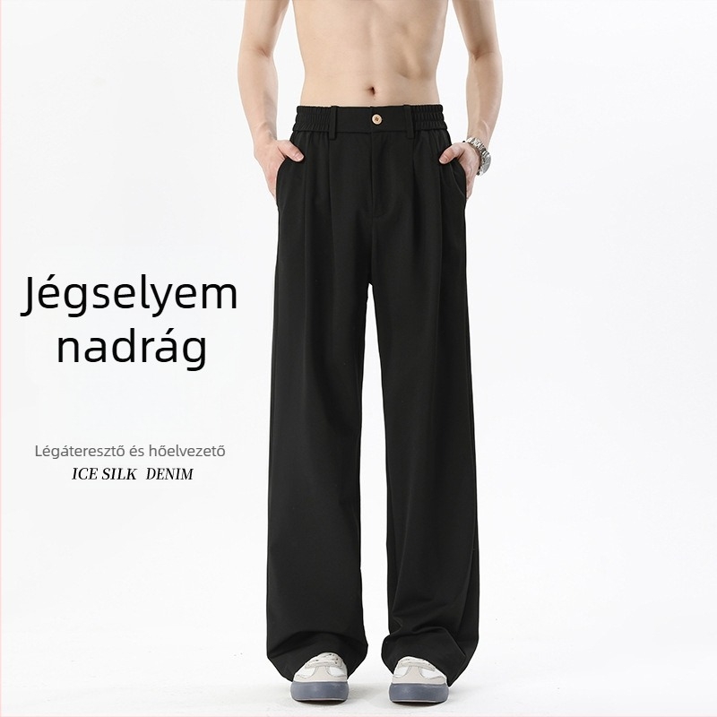 Férfiaknak drapírozott, laza stílusú öltönynadrág, jégselyem anyagból, egyenes szabású, fekete