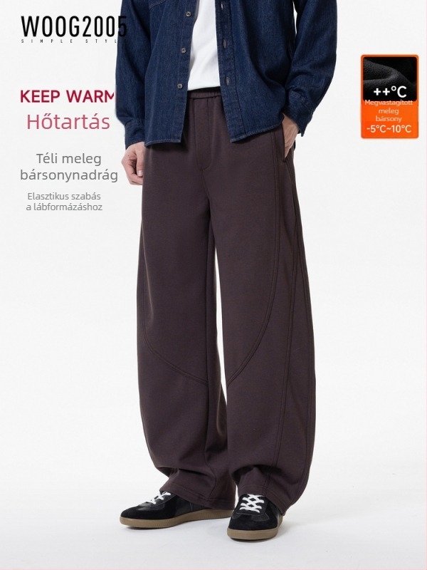Woog2005 Fleece-béléssel és vastagított derekú férfi casual nadrág, drapírozott vonal, szabad fazon, 2026 tavasz-ősz