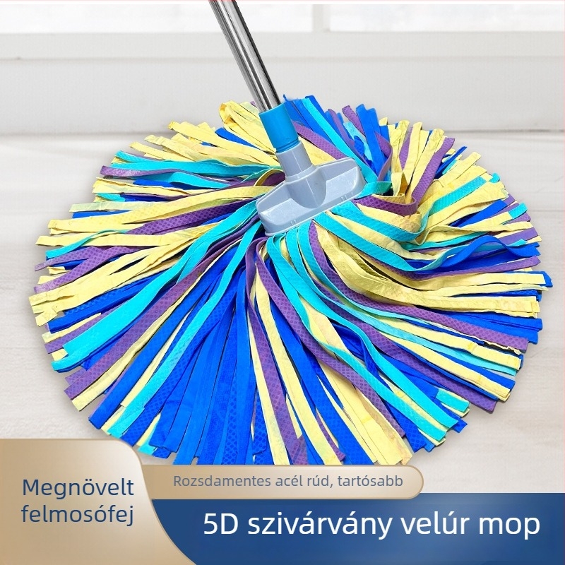 Szarvasbőr mop fej, nedvszívó fej, önkicsavaró funkció, rozsdamentes acél nyél, színes moprongy otthoni padlókhoz
