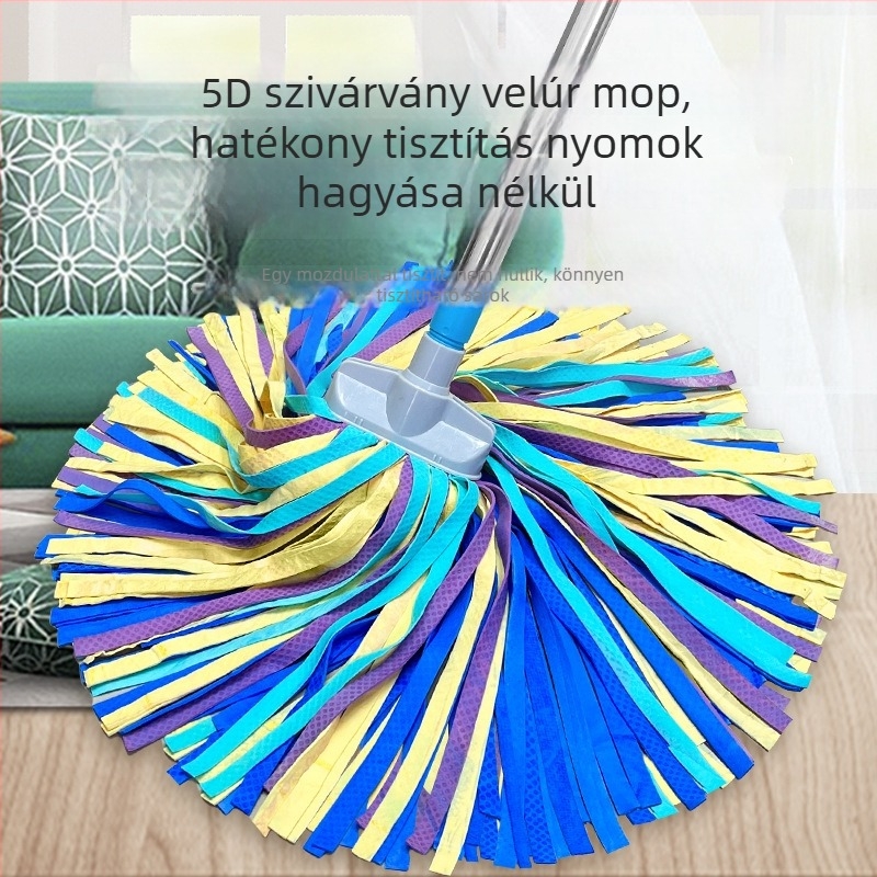 Szarvasbőr mop fej, nedvszívó fej, önkicsavaró funkció, rozsdamentes acél nyél, színes moprongy otthoni padlókhoz