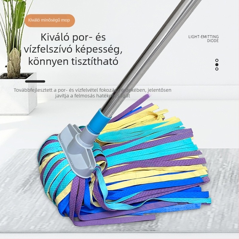 Szarvasbőr mop fej, nedvszívó fej, önkicsavaró funkció, rozsdamentes acél nyél, színes moprongy otthoni padlókhoz