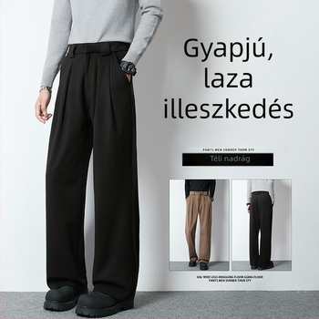 Férfi gyapjúhatású, széles lábú nadrág ősz-télre, magas derekú, laza szabás, hosszú, vastag és meleg, egyenes szabású, casual stílus Hongkong