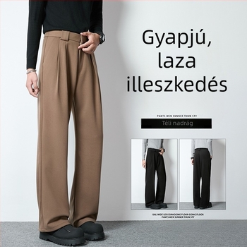 Férfi gyapjúhatású, széles lábú nadrág ősz-télre, magas derekú, laza szabás, hosszú, vastag és meleg, egyenes szabású, casual stílus Hongkong