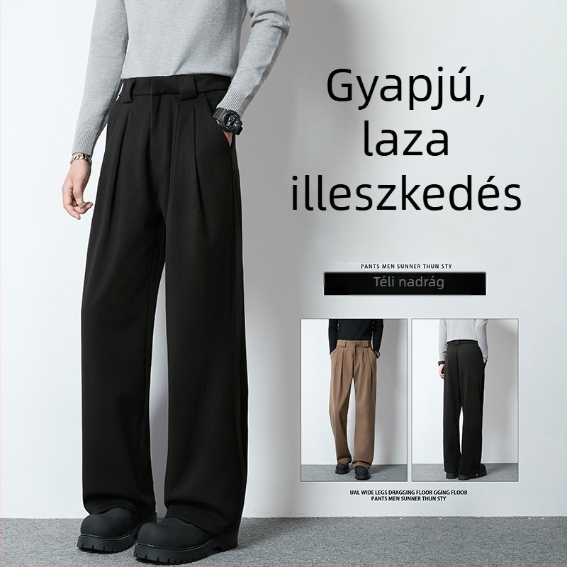 Férfi gyapjúhatású, széles lábú nadrág ősz-télre, magas derekú, laza szabás, hosszú, vastag és meleg, egyenes szabású, casual stílus Hongkong