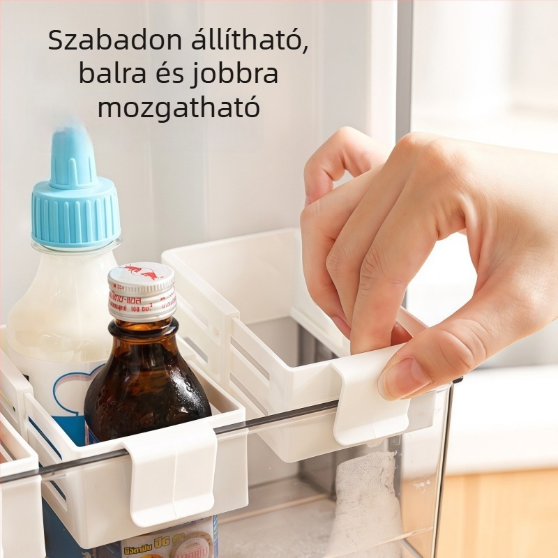 Hűtőszekrény oldalajtajára illeszkedő, állítható, nagy nyílású osztó és mozgatható rekeszek