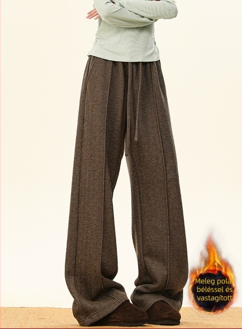 Amerikai retro old-money stílusú kávébarna férfi casual nadrág, fleece bélés, téli, herringbone mintázat, laza szabású, egyenes szárú