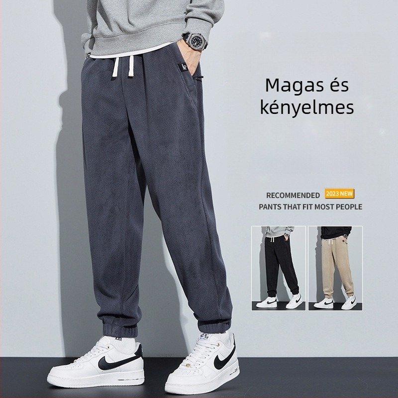 Téli férfi sportnadrág fleece béléssel, dupla oldalú fleece, koreai stílusú, vastag, kényelmes