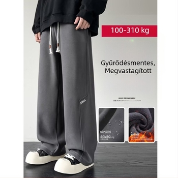 Fleece-béléssel ellátott férfi sportnadrág, plusz méret, laza szabás, egyenes és széles szárú