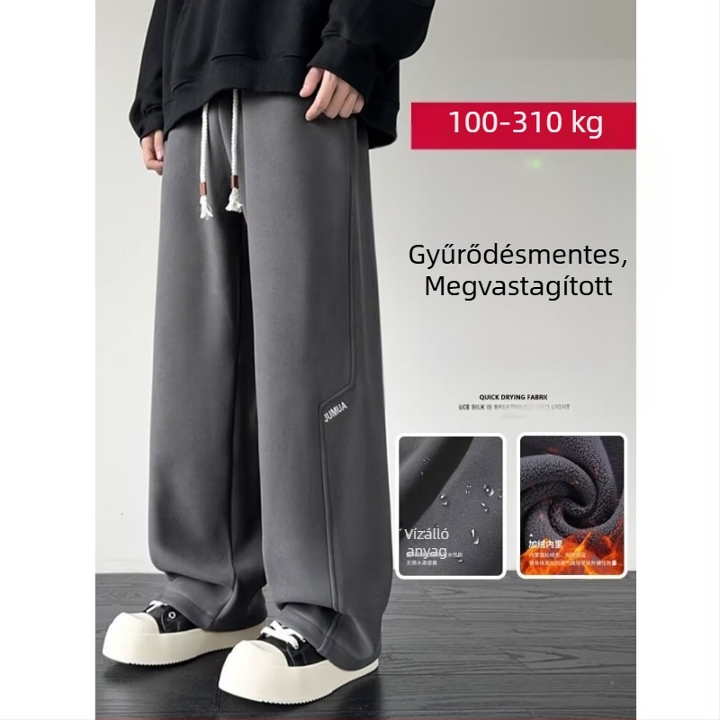 Fleece-béléssel ellátott férfi sportnadrág, plusz méret, laza szabás, egyenes és széles szárú