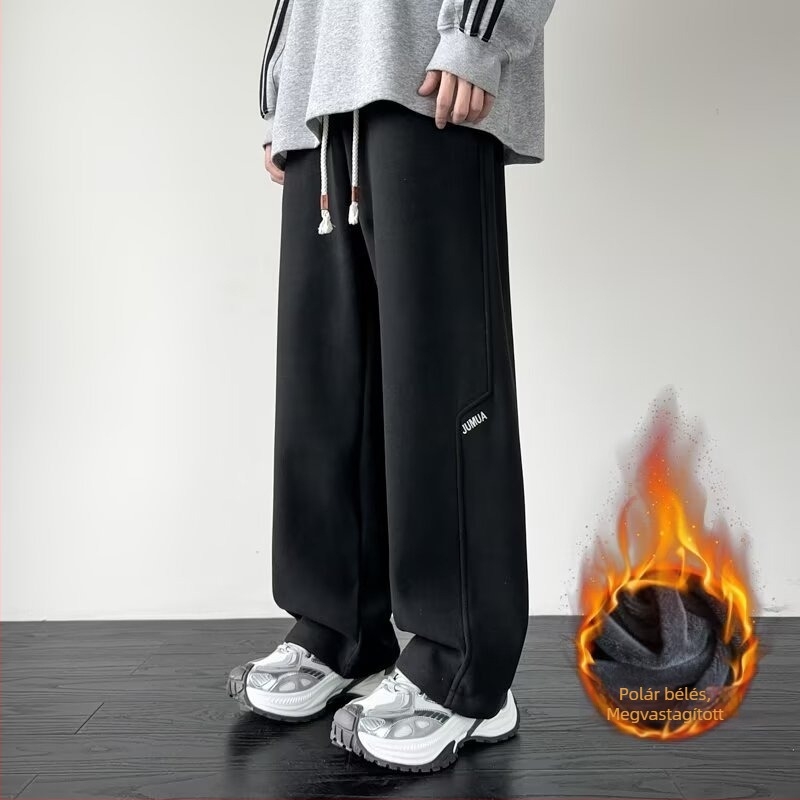 Fleece-béléssel ellátott férfi sportnadrág, plusz méret, laza szabás, egyenes és széles szárú