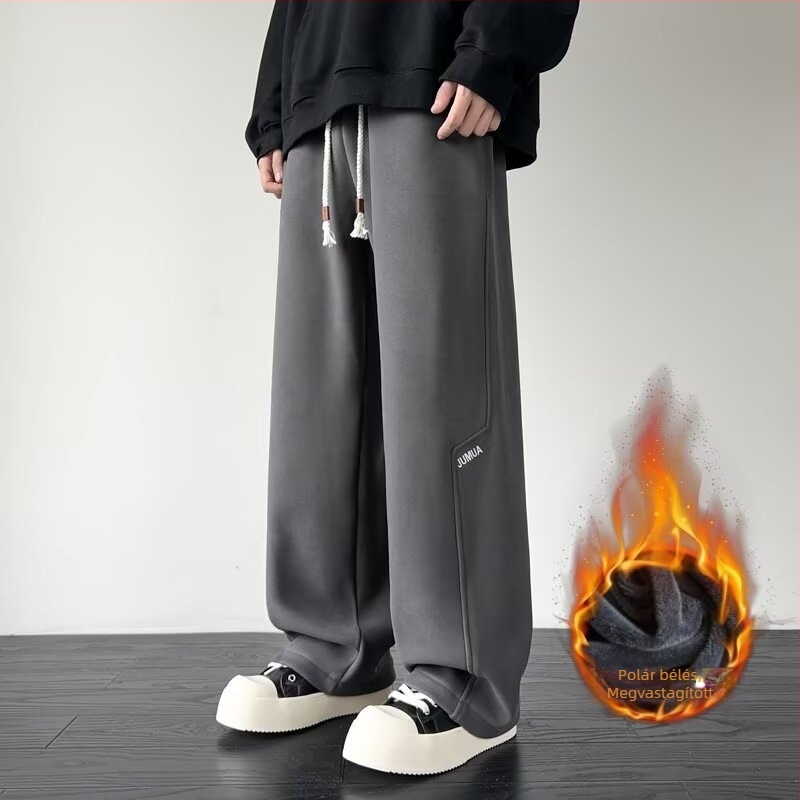 Fleece-béléssel ellátott férfi sportnadrág, plusz méret, laza szabás, egyenes és széles szárú