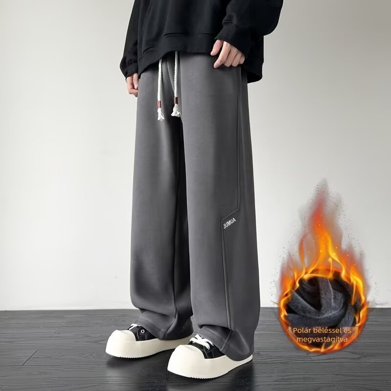 Fleece-béléssel ellátott férfi sportnadrág, plusz méret, laza szabás, egyenes és széles szárú