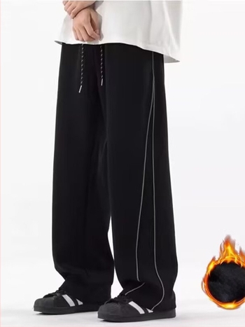 Férfi fleece-bevonatú, fényvisszaverő csíkos casual nadrág, széles és egyenes szabású