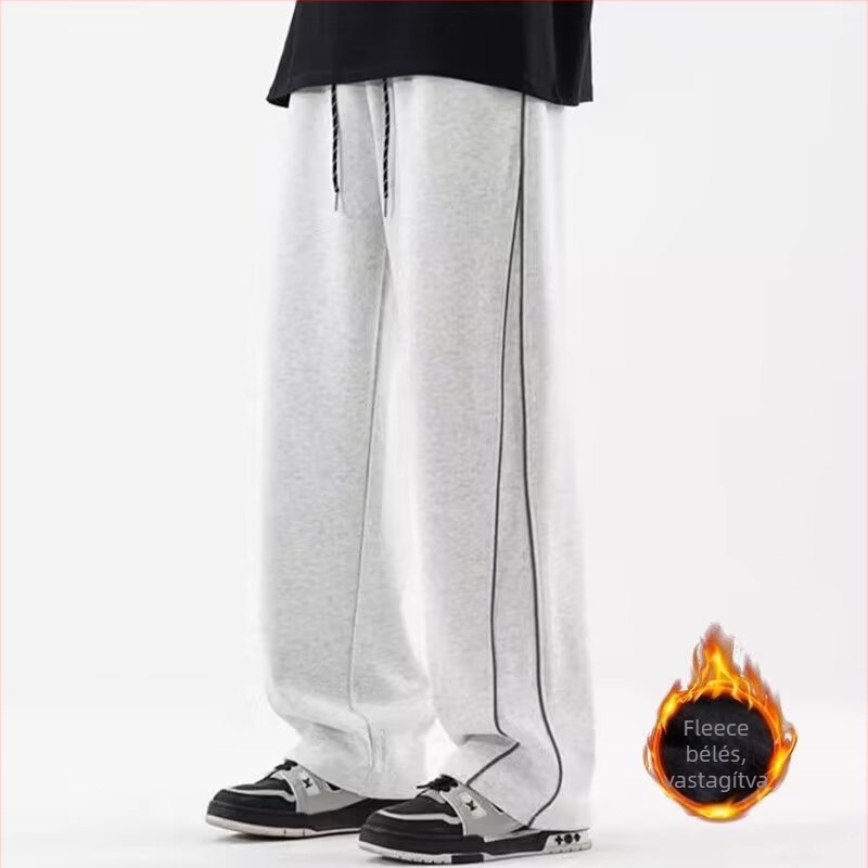 Férfi fleece-bevonatú, fényvisszaverő csíkos casual nadrág, széles és egyenes szabású