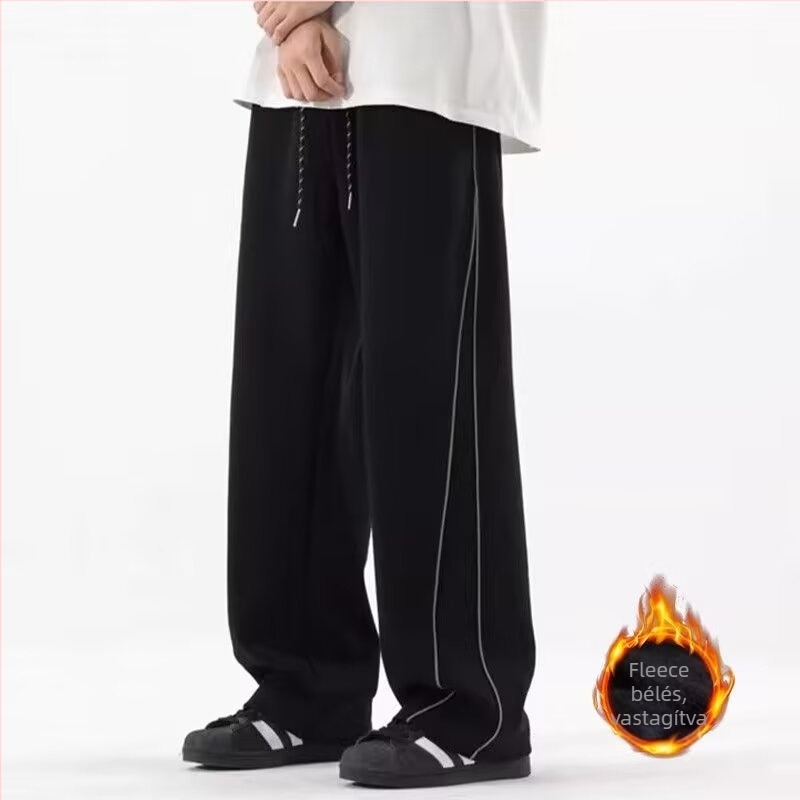 Férfi fleece-bevonatú, fényvisszaverő csíkos casual nadrág, széles és egyenes szabású