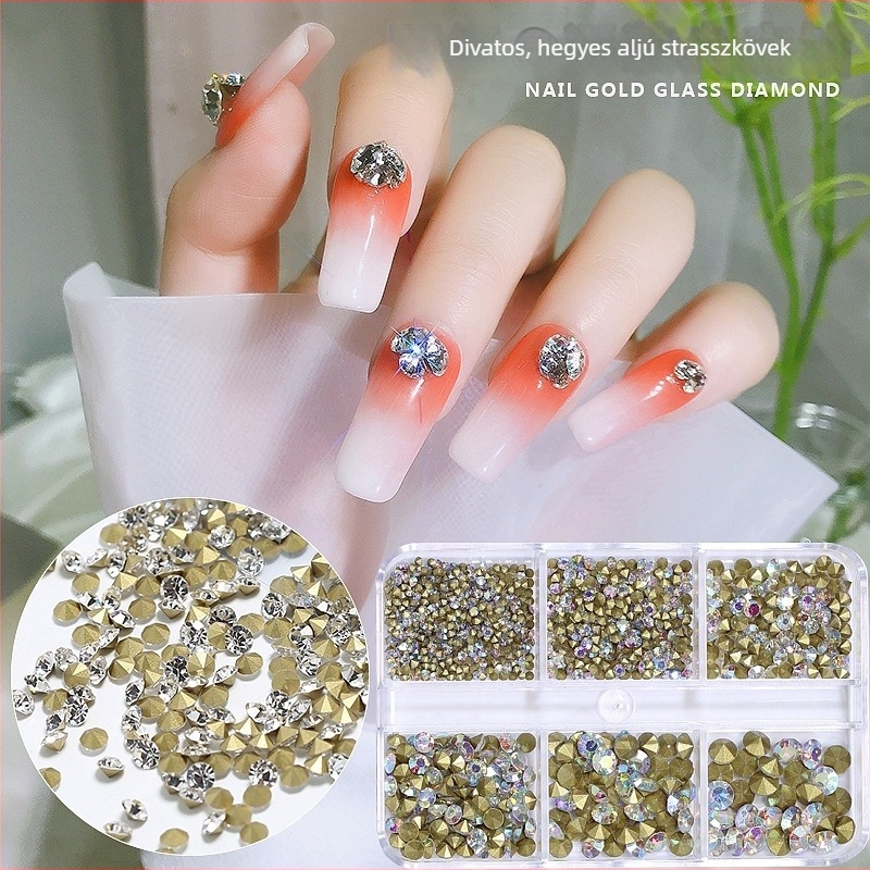 Nail art nagykereskedelmi díszítő strasszok dobozokban, hegyes hátú kis strasszok körmök díszítésére, fehér és színes kristályok