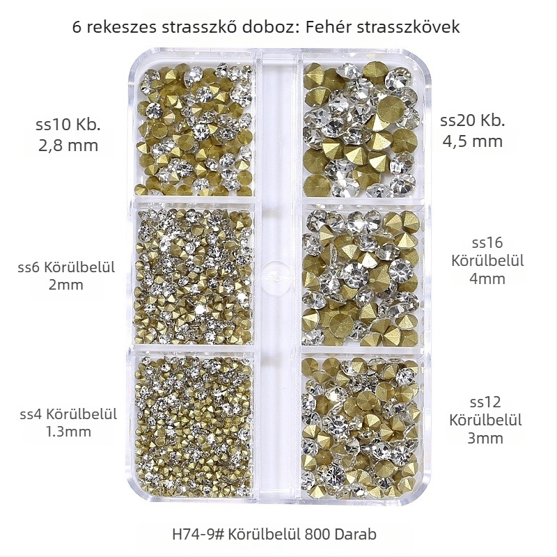 Nail art nagykereskedelmi díszítő strasszok dobozokban, hegyes hátú kis strasszok körmök díszítésére, fehér és színes kristályok
