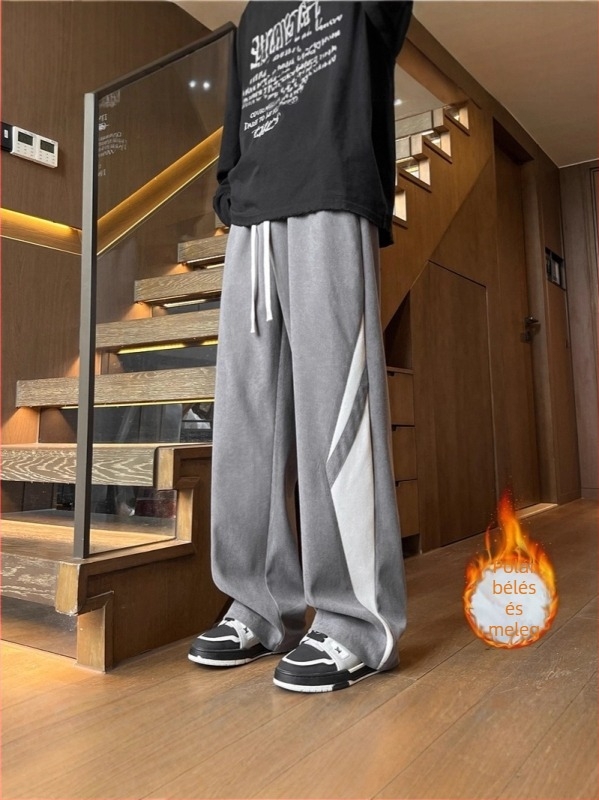 Őszi-téli férfi sportnadrág fleece bevonattal, egyenes szabású, mindennapi viselethez