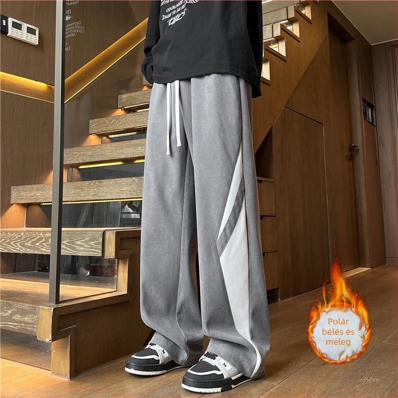 Őszi-téli férfi sportnadrág fleece bevonattal, egyenes szabású, mindennapi viselethez