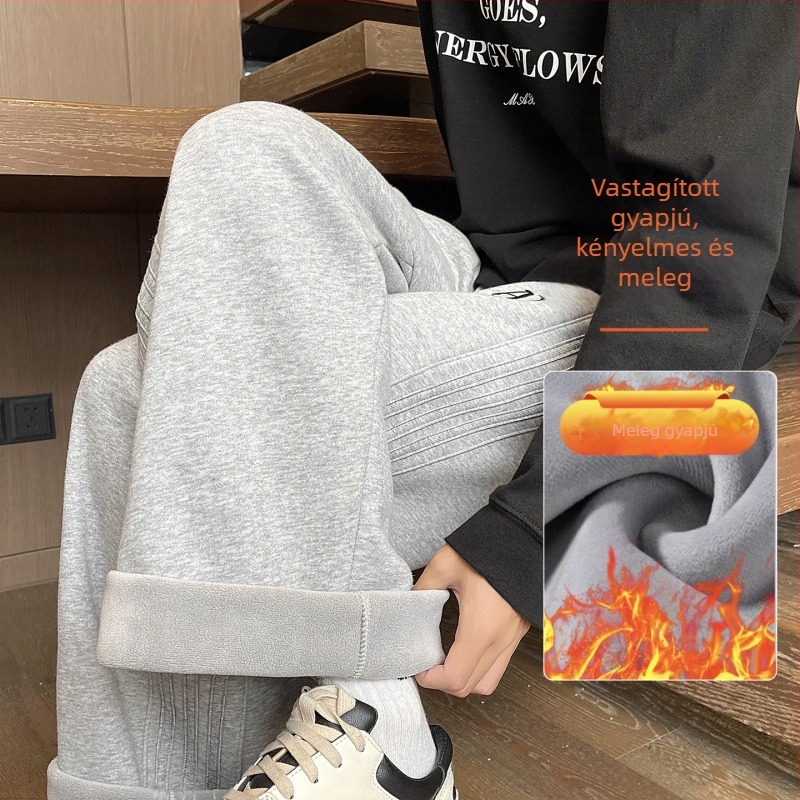 Férfi fleece-béléssel bélelt sportnadrág, egyenes szabású, hosszú, őszi–téli 2025, tiniknek