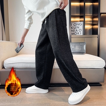 Férfi fleece-béléssel bélelt sportnadrág, egyenes szabású, téli, hétköznapi viselet