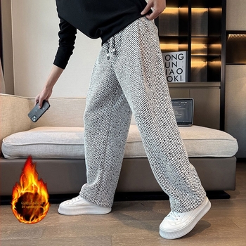 Férfi fleece-béléssel bélelt sportnadrág, egyenes szabású, téli, hétköznapi viselet