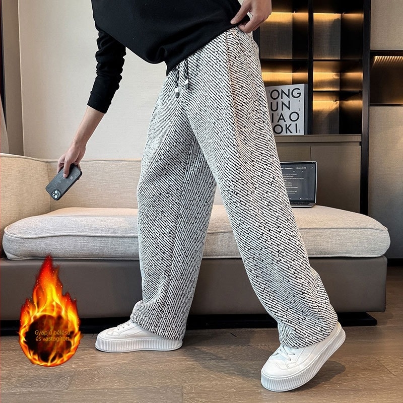 Férfi fleece-béléssel bélelt sportnadrág, egyenes szabású, téli, hétköznapi viselet