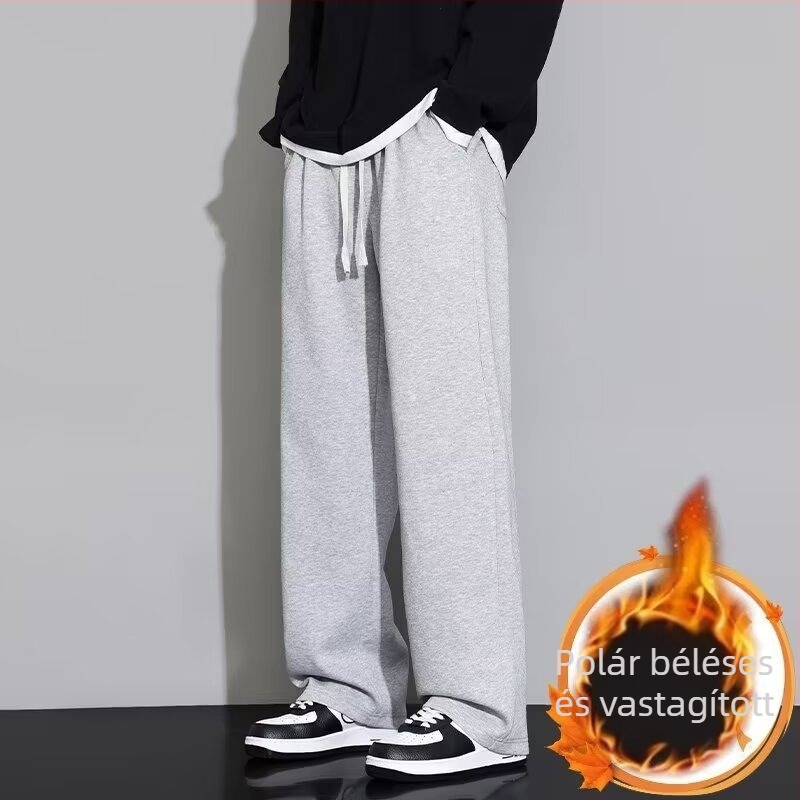 Férfiaknak széles szabású sportnadrág kötővel és fleece-béléssel téli viselet