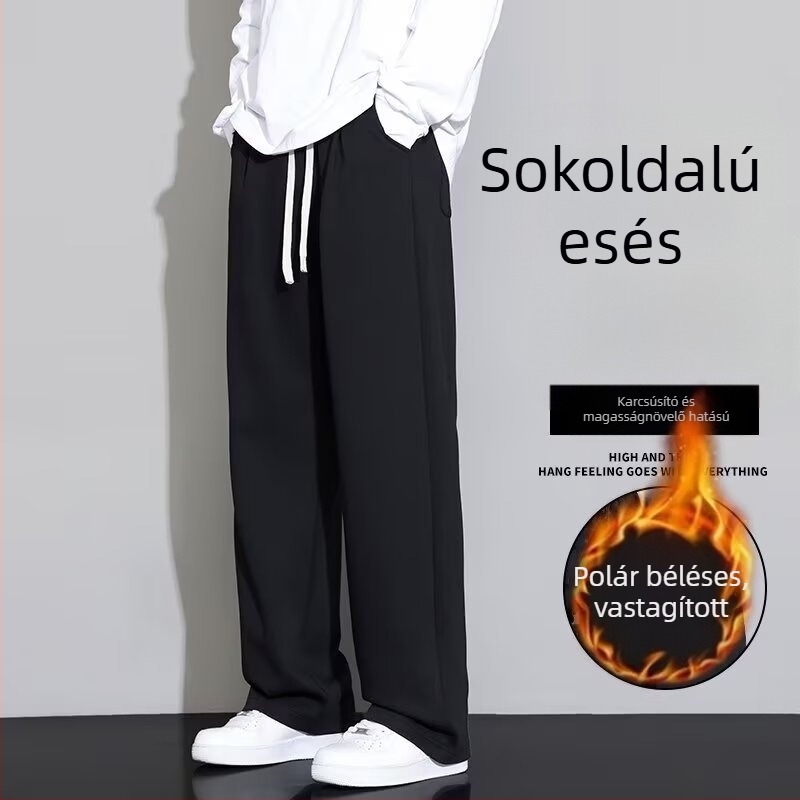 Férfiaknak széles szabású sportnadrág kötővel és fleece-béléssel téli viselet