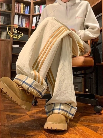 Férfi téli fleece-töltésű kockás nadrág, meleg, egyenes szabású, vintage casual, széles fazonú