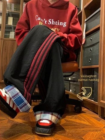 Férfi téli fleece-töltésű kockás nadrág, meleg, egyenes szabású, vintage casual, széles fazonú