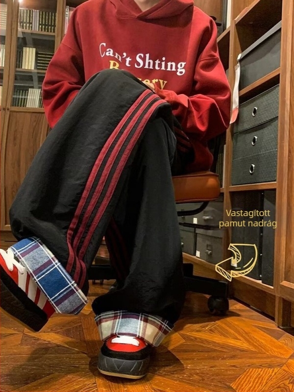 Férfi téli fleece-töltésű kockás nadrág, meleg, egyenes szabású, vintage casual, széles fazonú