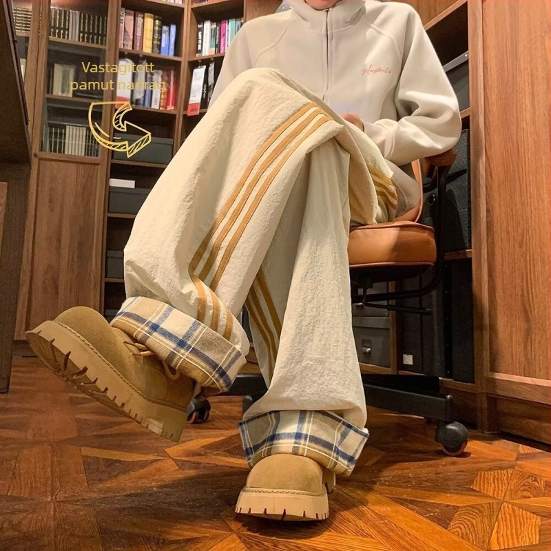 Férfi téli fleece-töltésű kockás nadrág, meleg, egyenes szabású, vintage casual, széles fazonú