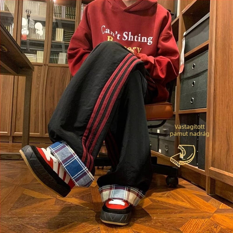 Férfi téli fleece-töltésű kockás nadrág, meleg, egyenes szabású, vintage casual, széles fazonú