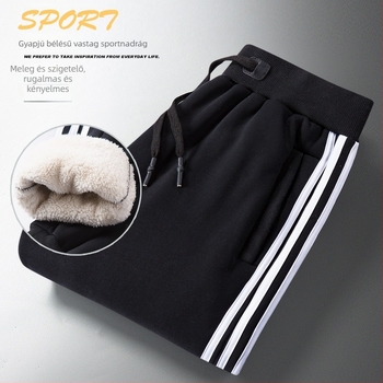 Férfi háromcsíkos téli sportnadrág fleece-béléssel, meleg pamutból, mindennapi viselet