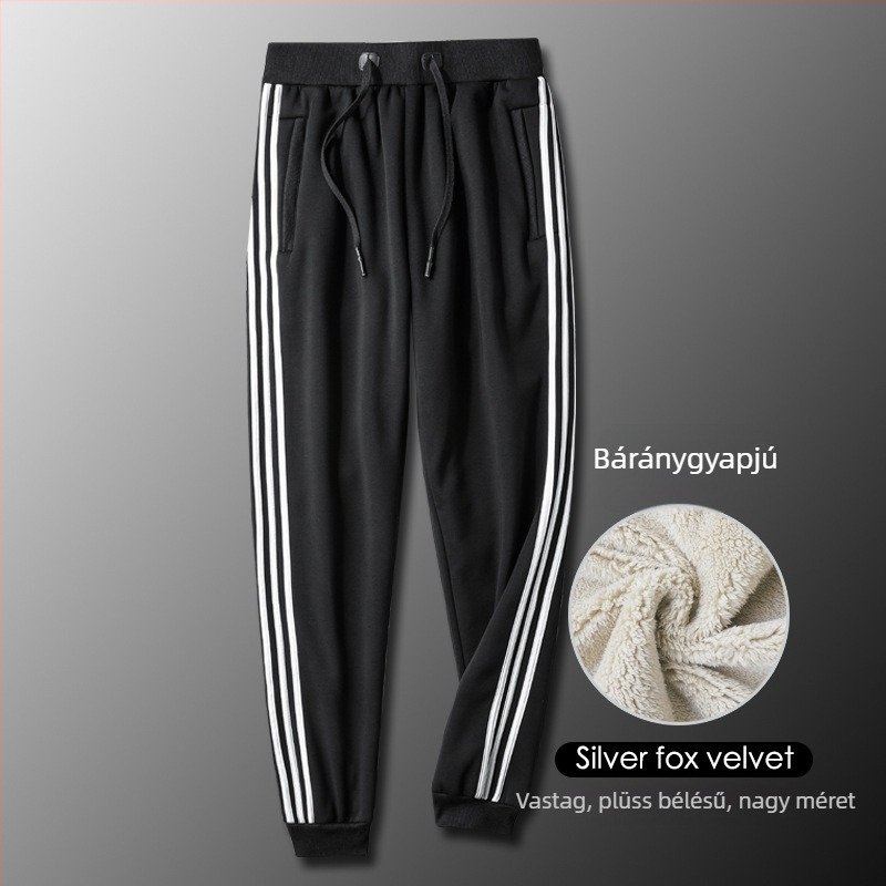 Férfi háromcsíkos téli sportnadrág fleece-béléssel, meleg pamutból, mindennapi viselet
