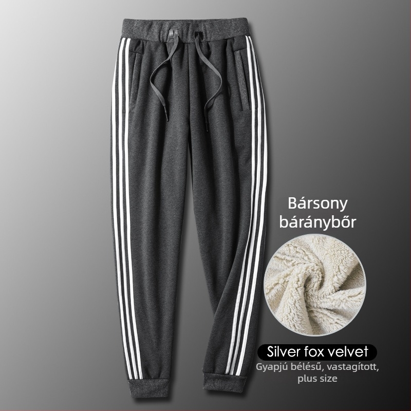Férfi háromcsíkos téli sportnadrág fleece-béléssel, meleg pamutból, mindennapi viselet